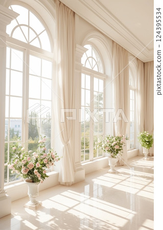 Elegant sunlit interior with large arched windows, flowing curtains, and floral arrangements creating a luxurious, bright, and sophisticated atmosphere 124395534