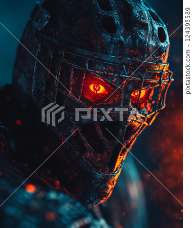 Ice hockey goalkeeper creates an intense atmosphere with fiery appearance Ice hockey goalkeeper creates an intense atmosphere with fiery appearance 124395589