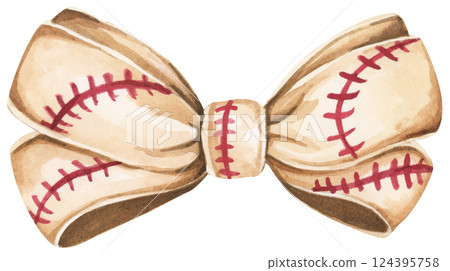 Watercolor coquette illustration of motherhood and sports featuring baseball and soft bow style. Watercolor coquette illustration of motherhood and sports featuring baseball and soft bow style. 124395758