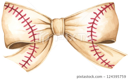 Watercolor coquette illustration of motherhood and sports featuring baseball and soft bow style. 124395759