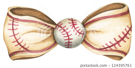 Watercolor coquette illustration of motherhood and sports featuring baseball and soft bow style. Watercolor coquette illustration of motherhood and sports featuring baseball and soft bow style. 124395761