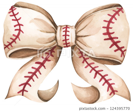 Watercolor coquette illustration of motherhood and sports featuring baseball and soft bow style. Watercolor coquette illustration of motherhood and sports featuring baseball and soft bow style. 124395770