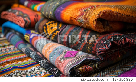 Photo of handmade Peruvian textiles showing unique woven patterns and vibrant colors, reflecting rich heritage. 124395880