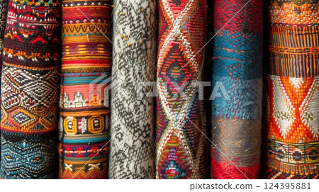 Photo of handmade Peruvian textiles showcasing unique patterns and vibrant colors, reflecting rich heritage. 124395881