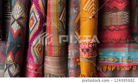 A captivating photo of handmade Peruvian textiles with intricate patterns, vibrant colors, and expert craftsmanship. 124395882