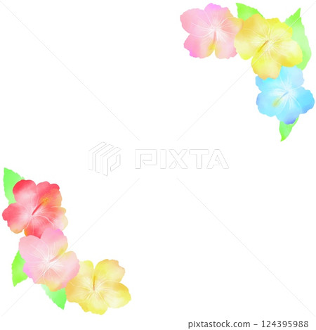 色彩繽紛的芙蓉花的可愛框架。水彩風格插圖。 124395988