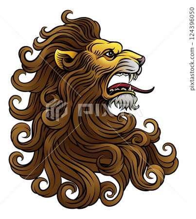 Lion Head Woodcut Etching Vintage Style Lion Head Woodcut Etching Vintage Style 124396050