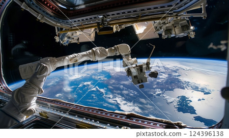 A scientist on a space station uses a robotic arm to collect comet samples, with Earth shining in the background. 124396138