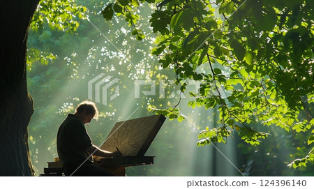 An artist engraves nature designs on wood, as sunlight filters through nearby tree leaves, casting a gentle glow. 124396140