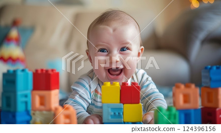A jubilant baby celebrates stacking blocks successfully, joy evident in its beaming face. 124396156