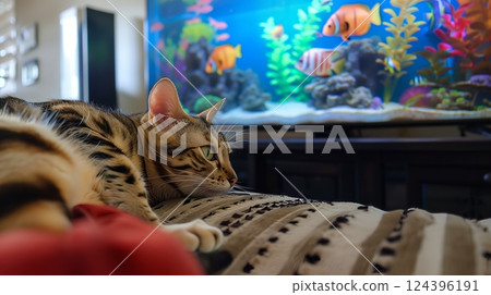 A cat lounges on a sofa, mesmerized by a fish tank screensaver on the TV as colorful fish swim. 124396191
