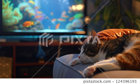A cat lounges on the sofa, mesmerized by a fish tank screensaver on the TV, eyes following virtual fish. 124396193