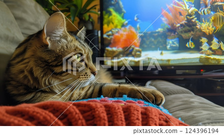 A cat lounges on the sofa, mesmerized by the fish tank screensaver on the TV, tail flicking in fascination. 124396194