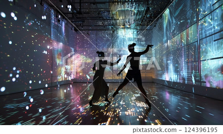 Dancers perform in an AR space with dynamic holograms, creating an immersive and stunning experience. 124396195