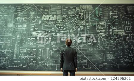 A mathematician stands before a vast chalkboard covered in equations, exuding intense focus in a scholarly atmosphere. 124396201
