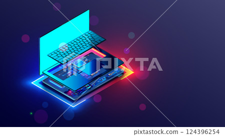 Laptop computer parts repair. Computer hardware technology. Repair, upgrade, maintenance laptop. CPU on motherboard of laptop. Disassembled opened laptop, motherboard, keyboard. Devices maintenance 124396254