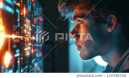 A young scientist, deep in thought, stares intensely at evolving algorithms on a glowing screen in a dim room. 124396338