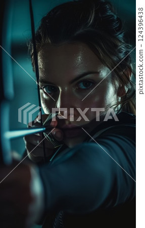 athlete woman aiming with archery bow and arrow, olympic games sport concept 124396438