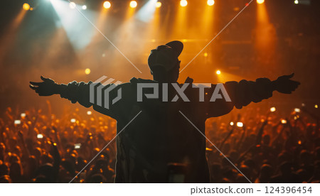 silhouette of black african american hip hop artist or rapper on illuminated scene with crowd of people, musical festival event with famous celebrity 124396454