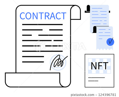 Digital scroll labeled Contract with signature, alongside an agreement featuring a checkmark and an NFT document. Ideal for digital agreements, blockchain technology, authenticity, legal documents Digital scroll labeled Contract with signature, alongside an agreement featuring a checkmark and an NFT document. Ideal for digital agreements, blockchain technology, authenticity, legal documents 124396781