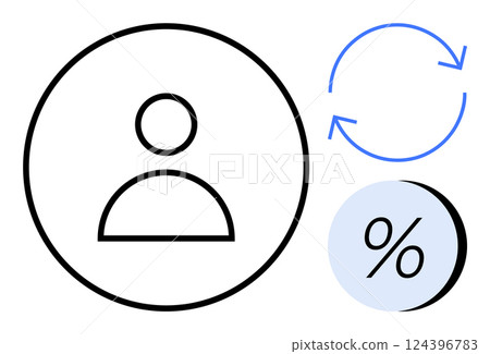 Simplified user profile icon inside a circle, blue refresh arrows on the top right, and a percentage symbol at the bottom right. Ideal for profiles, updates, statistics, progress, calculations 124396783