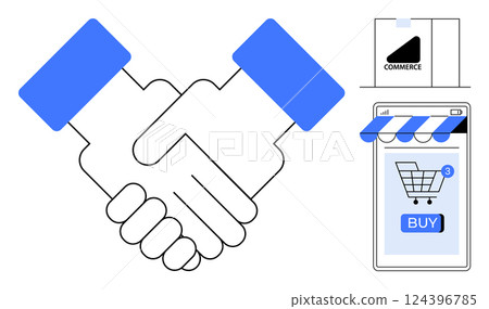 Two hands shaking and online shopping elements. Ideal for e-commerce, business partnerships, digital transactions, online shopping, e-commerce solutions. Simple vector style with blue highlights Two hands shaking and online shopping elements. Ideal for e-commerce, business partnerships, digital transactions, online shopping, e-commerce solutions. Simple vector style with blue highlights 124396785