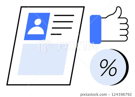 User profile card alongside thumbs-up and percentage icons. Ideal for social media, user feedback, profile creation, rating systems, online reviews, customer satisfaction, digital identity. Line 124396792