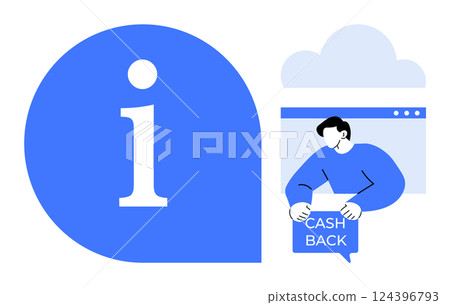 Large blue information symbol on the left with a person on the right holding Cash Back sign. Ideal for technology, finance, customer support, online services, and information distribution. Flat 124396793