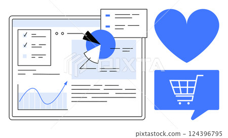 Screen showing data charts including pie chart, line graph and analytics document. Blue heart and shopping cart icons signify eCommerce and customer engagement. Ideal for marketing, data analysis 124396795