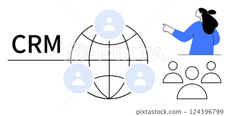 A person pointing towards a globe with user icons symbolizes CRM. Ideal for business management, customer service, sales, networking, and technology. Minimalist vector style with blue and black 124396799