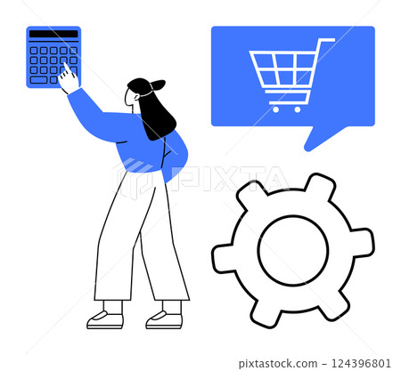 Woman pressing calculator buttons, blue chat bubble with shopping cart, black gear symbol. Ideal for e-commerce, online shopping, digital marketing, accounting, finance, business strategy 124396801