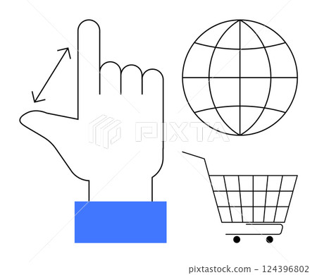 Finger in swiping gesture, globe symbol, and shopping cart. Ideal for e-commerce, global network, digital marketing, online shopping, and user interface design. Minimalist vector style 124396802
