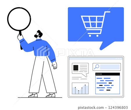 Man analyzing data with a large magnifying glass, e-commerce symbol in speech bubble, analytics dashboard. Ideal for digital marketing, e-commerce, data analysis, online shopping, market research 124396803
