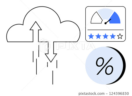 Cloud icon with upload and download arrows, performance meter, and percentage symbol. Ideal for cloud storage, data transfer, performance measurement, analytics, technology, business presentations 124396830