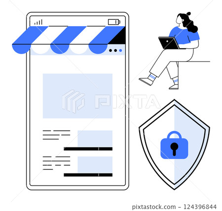E-commerce interface with blue awning, security shield with padlock, woman using laptop. Ideal for online safety, cybersecurity, e-commerce, data protection, user interface design, web development E-commerce interface with blue awning, security shield with padlock, woman using laptop. Ideal for online safety, cybersecurity, e-commerce, data protection, user interface design, web development 124396844
