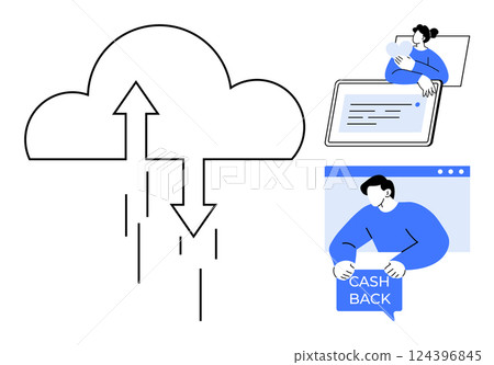 Cloud with arrows indicating upload and download. Woman using digital tablet and person holding cashback sign. Ideal for technology, finance, remote work, online transactions, cloud computing 124396845
