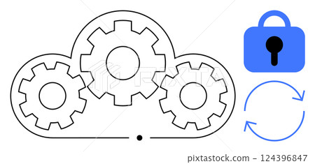 Three gears inside a cloud shape symbolize cloud computing. To the right, a blue lock and refresh symbol indicate security and synchronization. Ideal for cloud services, data management, technology Three gears inside a cloud shape symbolize cloud computing. To the right, a blue lock and refresh symbol indicate security and synchronization. Ideal for cloud services, data management, technology 124396847