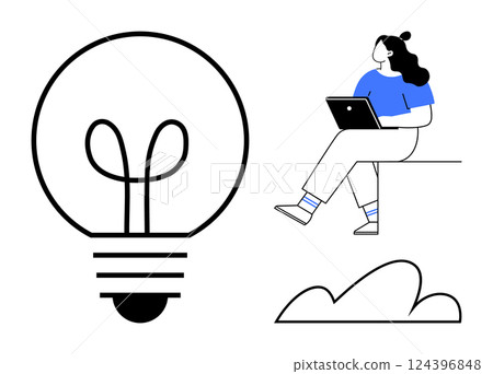 Woman sitting on edge with laptop, large light bulb, and cloud. Ideal for creativity, productivity, innovation, remote work, brainstorming, design thinking, education. Line metaphor Woman sitting on edge with laptop, large light bulb, and cloud. Ideal for creativity, productivity, innovation, remote work, brainstorming, design thinking, education. Line metaphor 124396848