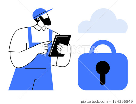 A worker in simple overalls using a tablet while interacting with cloud data security. Ideal for cloud computing, data management, IT security, digital workforces, and cyber protection. Modern vector A worker in simple overalls using a tablet while interacting with cloud data security. Ideal for cloud computing, data management, IT security, digital workforces, and cyber protection. Modern vector 124396849