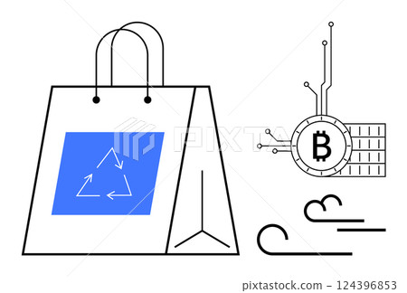 Shopping bag with recycling symbol along with bitcoin icon and abstract lines. Ideal for e-commerce, sustainability, digital currency, environmental awareness, and green shopping. Minimalist modern 124396853