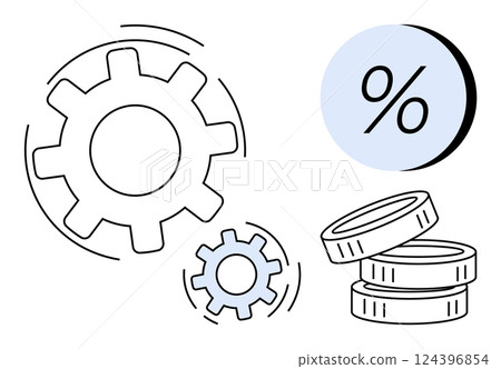 Small and large gears turning alongside percentage sign and stacks of coins. Ideal for business strategies, finance, investment, economic growth, engineering concepts, mechanical systems, automation 124396854