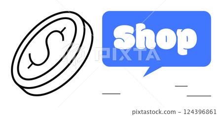 Coin with dollar sign and speech bubble with Shop text. Ideal for themes of retail, e-commerce, online shopping, business, and finance. Modern vector style in blue and black hues 124396861