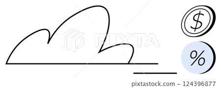 Cloud outline connected to dollar sign and percentage icons. Ideal for finance, technology, data storage, cloud computing, growth analytics, business planning, investments. Line metaphor 124396877