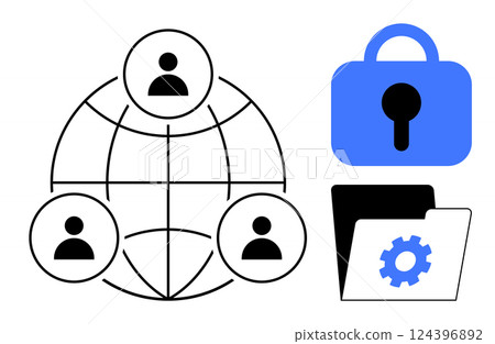 Three user icons connected globally, a blue lock symbolizing security, and a folder with a gear for settings. Ideal for cybersecurity, networking, data protection, user access, and online safety 124396892