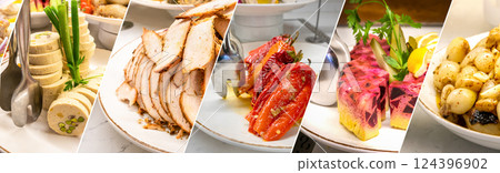 Mediterranean Cuisine Collage. Cold Appetizers: Sliced Ham, Stuffed Peppers, and Vegetable Pate. 124396902