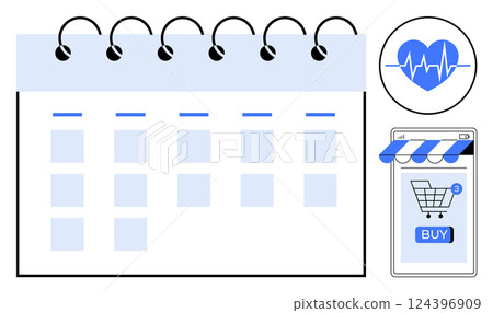 Visual shows a spiral-bound calendar with blank slots, a heart rate monitor symbol, and an online shopping cart icon. Ideal for time management, health tracking, e-commerce, digital lifestyle 124396909