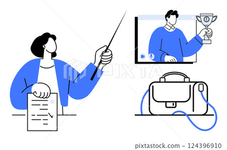 Instructor with pointer and papers teaching, virtual participant holding trophy on screen, and a briefcase. Ideal for online learning, remote training, coaching, webinars, virtual meetings, corporate 124396910