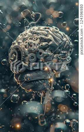 Steampunk-style brain made of gears and cogs, representing the concept of artificial intelligence and human thought, creativity and imagination background 124396980