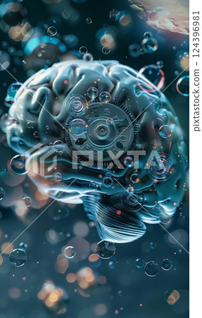 Steampunk-style brain made of gears and cogs, representing the concept of artificial intelligence and human thought, creativity and imagination background 124396981