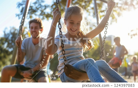 happy kids swinging at sunny summer park, cheerful and joyful boys and girls swing and play, children have fun at holidays 124397083